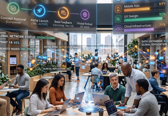 Decentralized workspace displaying floating glowing project milestones live progress meters and asynchronous data sync visualizations for team collaboration