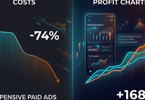 Minimalist split-screen showing expensive paid advertising costs dropping sharply versus beautiful ultra-fast user interface elevating profit.