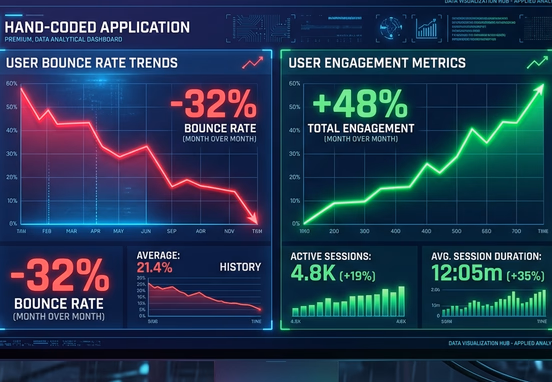 Side-by-side premium dashboard comparison showing red declining bounce rates and green climbing engagement metrics for application.