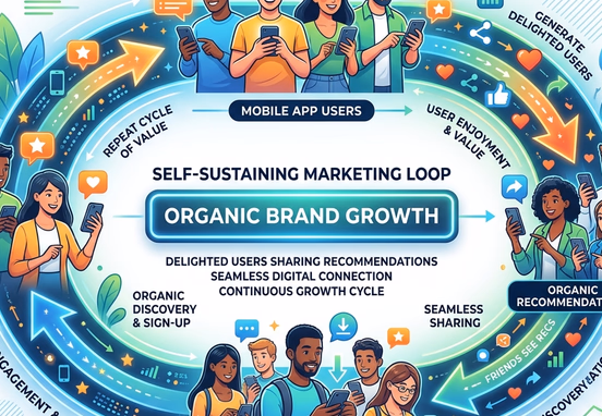 Self-sustaining marketing loop with delighted mobile app users sharing digital recommendations in infinite loop organic growth connection.