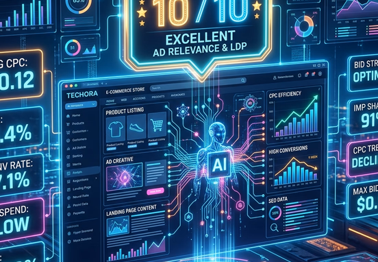 Futuristic advertising algorithm analyzing web interface and awarding 10 out of 10 quality score badge with low cost-per-click metrics.