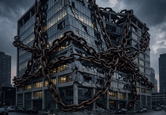 Abstract corporate office building weighed down by tangled iron chains representing technical debt with dark moody atmospheric lighting.