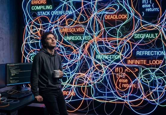 Software developer staring at massive hyper-complex glowing neon labyrinth of tangled cables and messy code lines engineering paralysis.