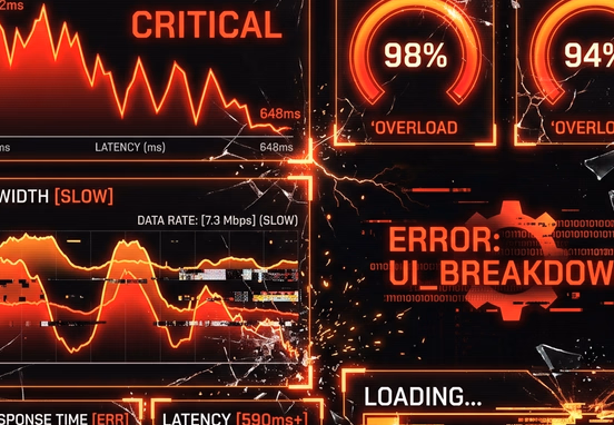 Stylized loading screen dashboard showing dropping performance metrics, slow speed waves and breaking interface elements warning tones.