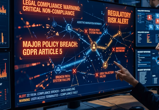 Modern digital interface displaying glowing legal compliance warnings and abstract broken assistive navigation pathways risk management.