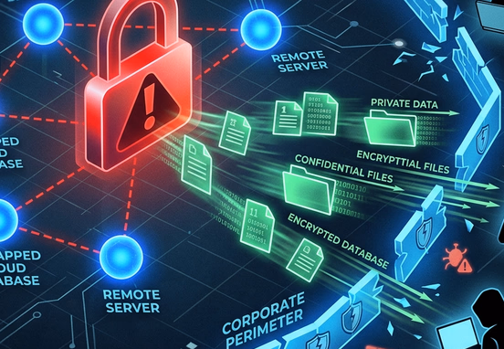 Red digital warning padlock overlaying an unmapped cloud database connection showcasing sensitive files moving past a broken corporate perimeter