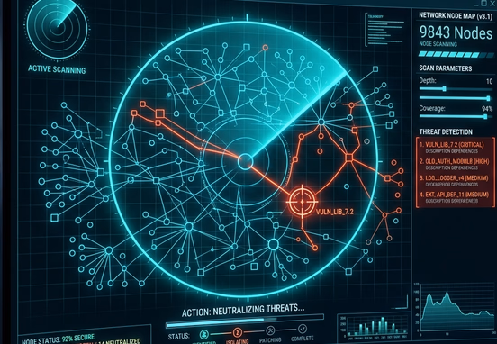 Sleek digital radar interface scanning a complex network node map pinpointing and neutralizing hidden software dependencies