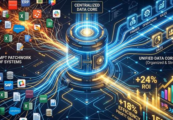 Solid centralized data core platform organizing an unkempt patchwork of software icons into a single streamline layout