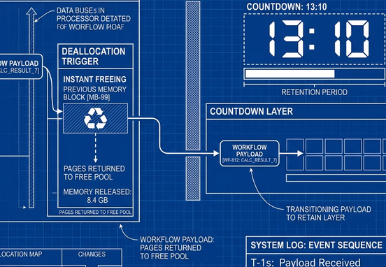 Technical blueprint showing a server thread instantly freeing memory while a workflow payload moves to a separate countdown layer