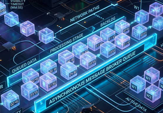 Asynchronous message broker queue holding hidden translucent data packets with visibility timeout counters