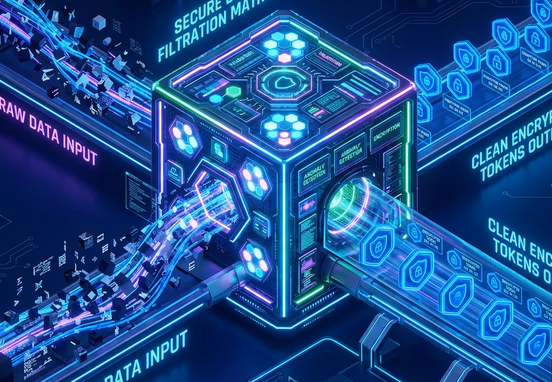 Conceptual data pipeline showing raw data entering a secure glowing digital filtration matrix and emerging as clean encrypted tokens