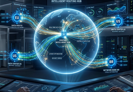 Futuristic global data routing interface depicting data streams being intelligently sorted and directed to localized regional server nodes