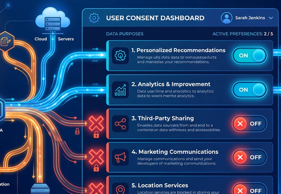 Dynamic user consent dashboard displaying interactive toggle switches connected to flowing data pathways that open or close automatically based on consent