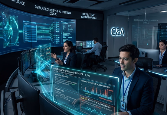 Enterprise data compliance monitoring room showcasing live holographic dashboards with automated audit trails security logs and anomaly detection alerts