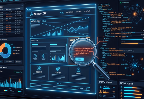 Digital dashboard with glowing wireframe website layout, exposed code layers, magnifying glass overlay and vibrant neon cybersecurity elements.