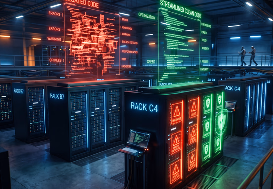 Server room with holographic overlay comparing fragmented code to clean code, security alerts transitioning from red to green shield icons.