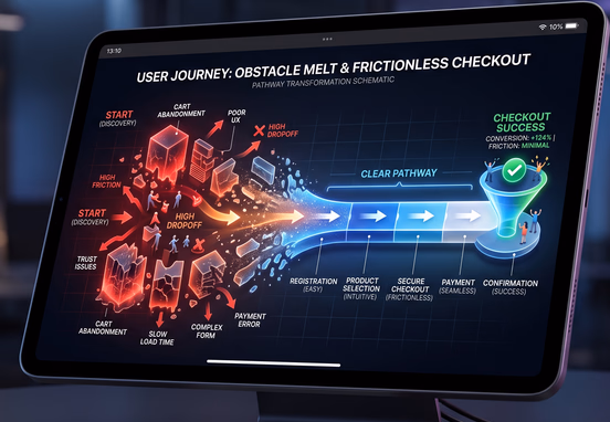 3D user journey funnel schematic on glowing tablet showing digital obstacles and friction points dissolving into clear seamless checkout pathway.