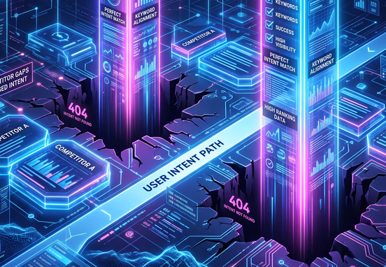 Search landscape showing competitor gaps in keyword intent filled with bright glowing neon pillars representing high-opportunity market spaces.