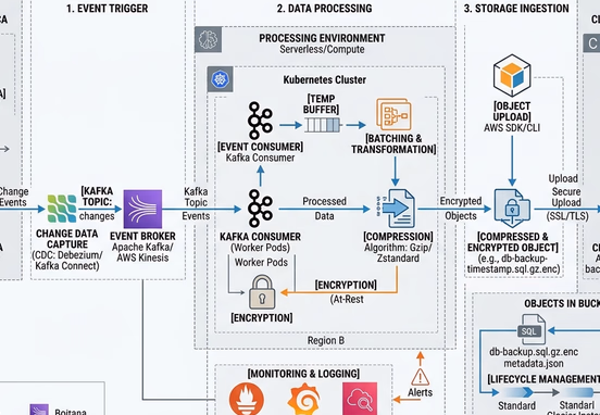 Detailed schematic diagram illustrating an event-driven backup pipeline running from a read-replica to compressed cloud storage