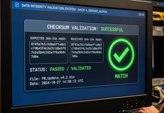 Digital control interface displaying a successful checksum hash validation match and a green checkmark symbol for data integrity