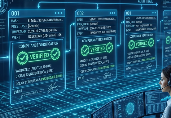 Immutable cryptographic audit log ledger with digital stamps showing compliance verification and historical tracking