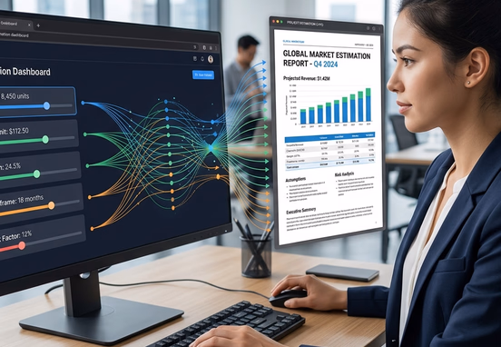 Interactive web adjustment sliders dynamically compiling data vectors into a sleek clean corporate estimation PDF document