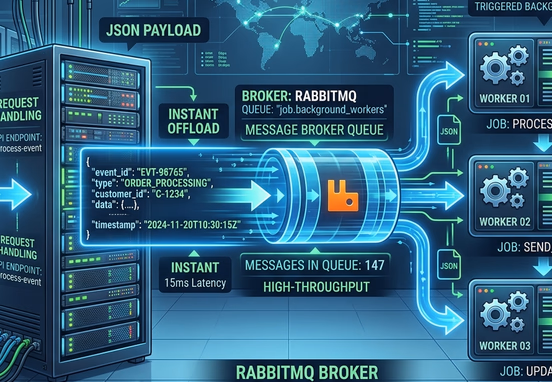 Web server instantly offloading a JSON payload into a high-speed message broker queue to trigger background workers