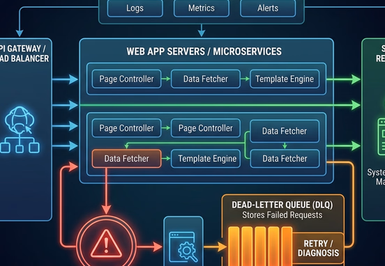 Defensive server architecture isolating a timeout rendering error into a dead-letter queue while maintaining system stability