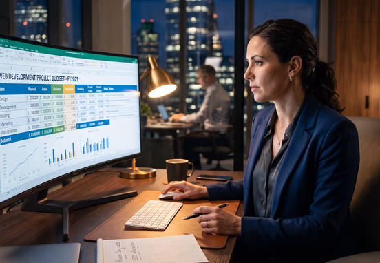 Smart business executive analyzing web development budget spreadsheet in professional corporate office setting with cinematic lighting.