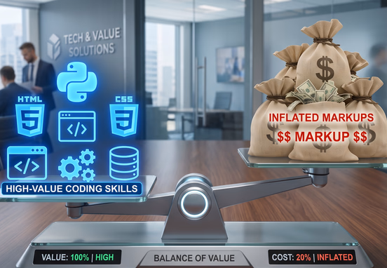 Digital balance scale comparing high-value coding icons against inflated money bags labeled markups in clean corporate style design.