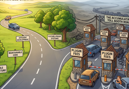 Long-term financial roadmap showing clean code pathways open and smooth while template pathway blocked by accumulating plugin fee toll booths.
