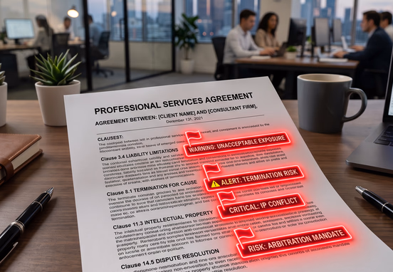 Professional corporate contract document on desk with clauses highlighted by glowing neon red warning flags in sharp focus modern office.