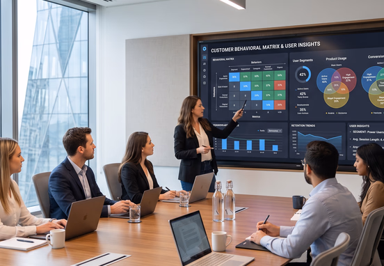 An interactive digital screen displays a detailed customer behavioral matrix and user data insights in a clean corporate conference room.