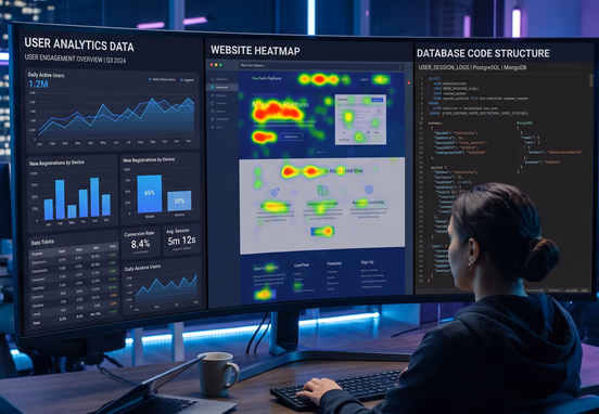 A split-screen layout showcases high-end user analytics data graphs, colorful website heatmaps, and clean database code structures.
