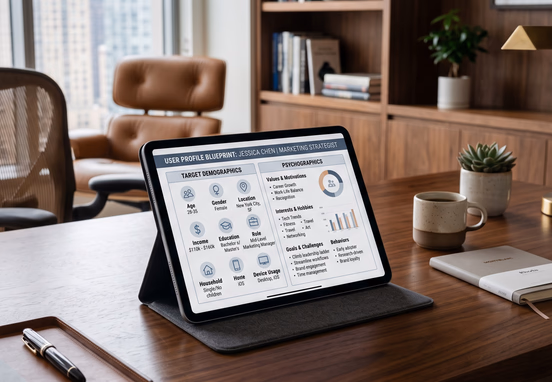 An executive desk features a tablet displaying an organized user profile blueprint sheet with target demographics and psychographics.