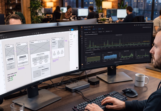 A professional developer workstation features ultra-wide dual monitors displaying a highly responsive, speed-optimized website wireframe.