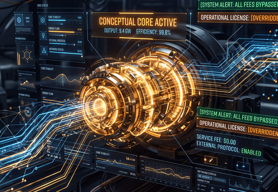 Sleek conceptual golden engine core integrated into a minimal digital interface surrounded by glowing data lines and bypassed fee indicators