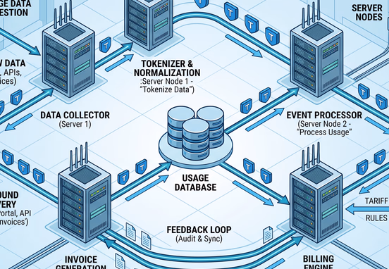 Clean isometric technical diagram illustrating an automated billing pipeline loop with server nodes processing tokenized data