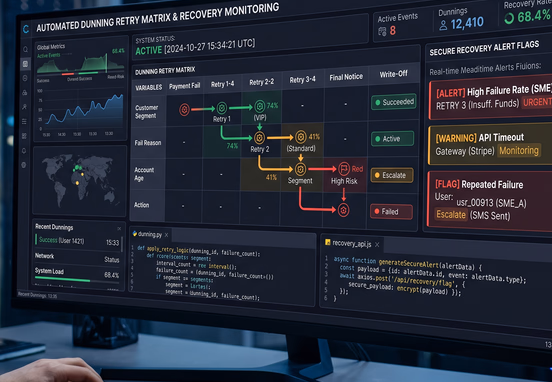 High-tech monitoring dashboard highlighting an automated dunning retry matrix with secure recovery alert flags and code blocks
