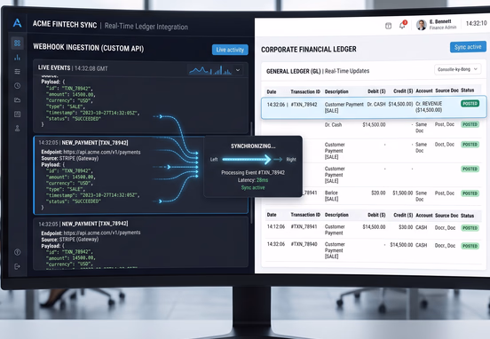 Modern split-view interface showing real-time database synchronization between custom API webhooks and a pristine corporate financial ledger