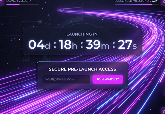 Sleek dark-themed digital launchpad with glowing countdown timer, minimalist email capture form and neon purple light trails for subscriber velocity.