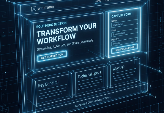 3D translucent wireframe schematic of ultra-clean landing page with bold hero section and luminous data capture form on dark grid background.