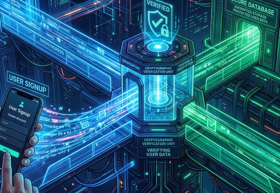 Automated user data pipeline showing data flowing from smartphone signup through cryptographic verification into secure database with neon tracks.