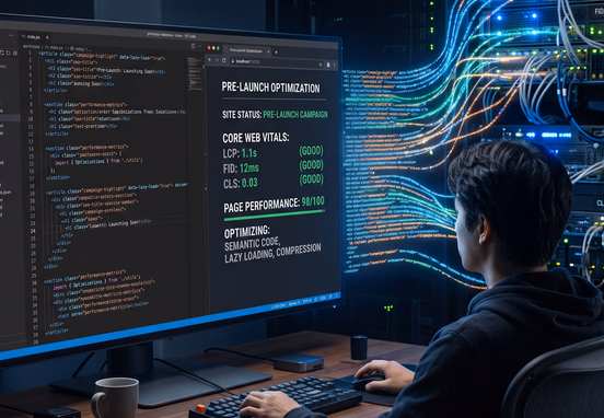 Developer monitor displaying clean semantic code seamlessly weaving into server cluster optimizing page performance and core web vitals.