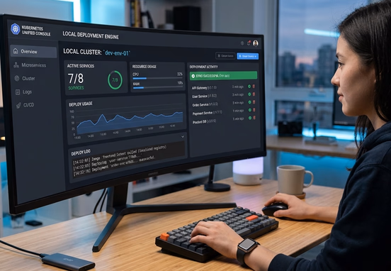 Clean futuristic workspace developer console deploying localized container microservices seamlessly via a single unified interface