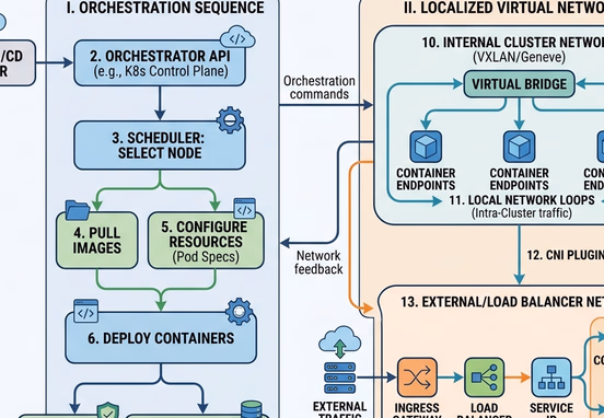Technical flowchart visualization depicting a container setup orchestration sequence and localized virtual network loops
