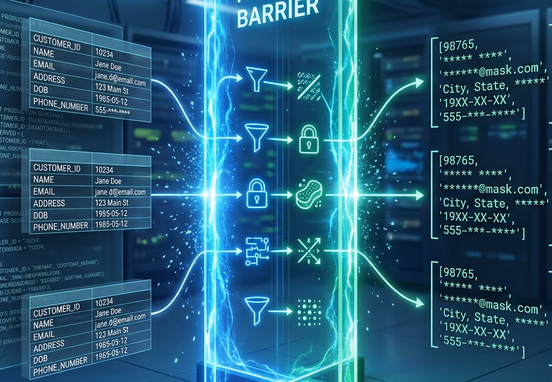 Data privacy barrier scrubbing sensitive production database schemas into anonymized and masked synthetic data vectors