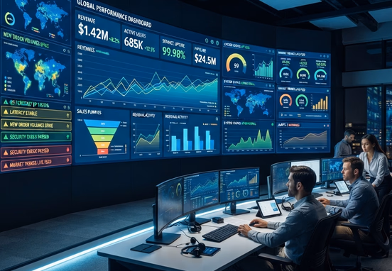 High-tech control room featuring massive glowing digital screens displaying real-time business metrics line charts and active system notifications