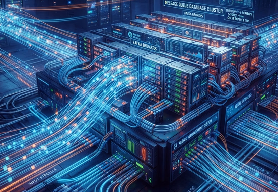 Dynamic stream pipelines channeling thousands of glowing data packets into an organized high-speed message queue database network