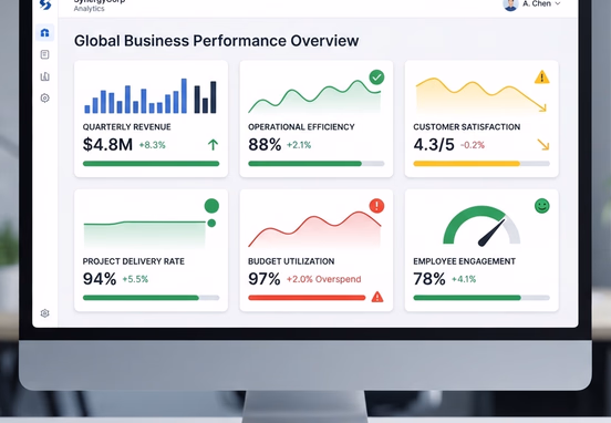 Clean and minimal corporate user interface dashboard displaying less than seven core optimized metrics with distinct green yellow and red indicators